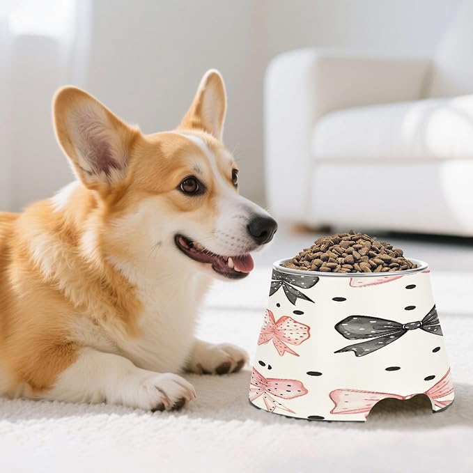 YETTASBIN Bow Dots Elevated Dog Bowls, Prevention of Vertebrae Disease Raised Dog & Cat Bowl Stand with Removable Stainless Steel Bowls, Non-Slip Spill-Proof Pet Food & Water Bowl Dish