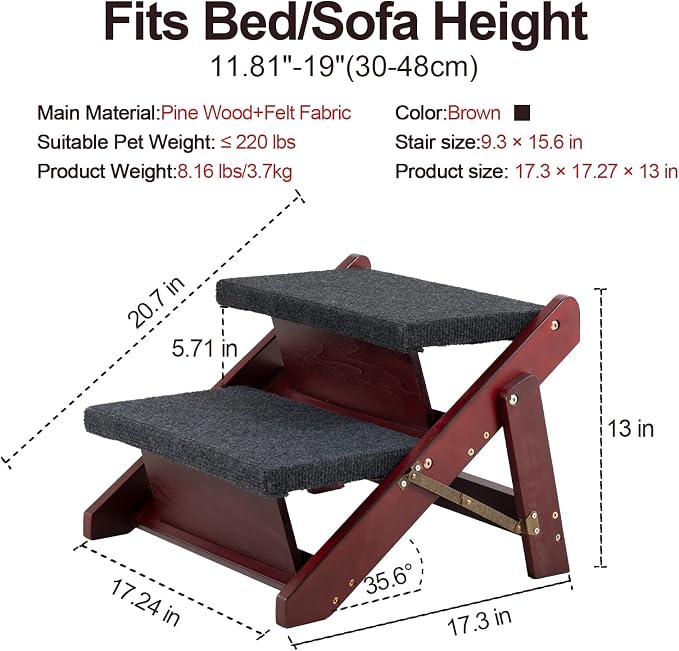 MEWANG Wooden Pet Stairs/Pet Steps - 2-in-1 Foldable Stairs & Ramp for Beds and Cars - Portable Dog/Cat Ladder Up to 220 Pounds - Great for Small and Older Animals(Brown) (17.3" L x 17.24" W x 13" H)