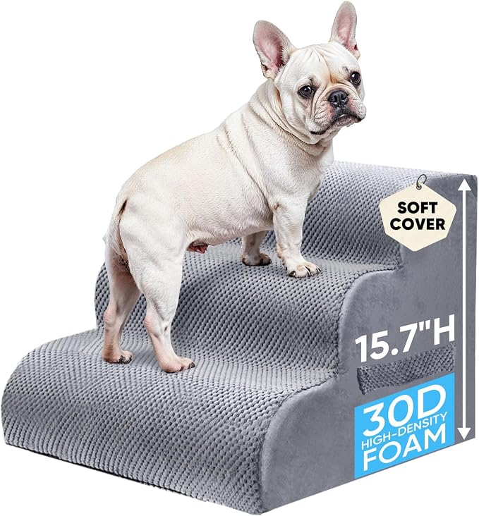 PAWSCRAT Pet Stairs for Dogs 3-Step, 15.7" H Pet Stairs for High Bed, Couch Sofa & Chair, 30D Material Soft Foam Dog Steps with Non-Slip Bottom Surface Removable Washable Cover, LightGrey