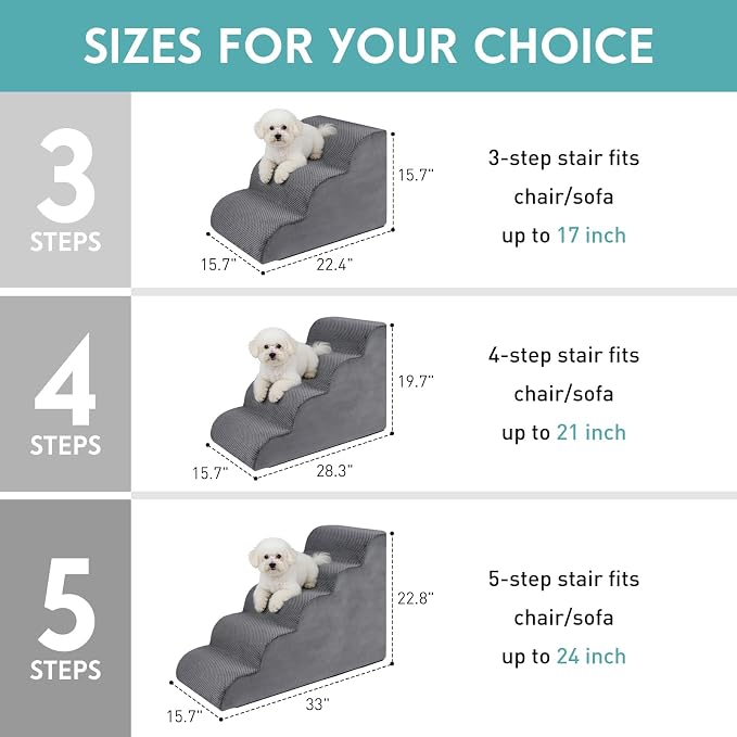Dog Stairs for Small Dogs, 22.8" H Pet Stairs 5-Steps Ramp for Puppy, Older Cat, Stairs with Whole 30D High Density Foam, Corduroy Fabric, Non-Slip Bottom Dog Steps for Bed and Couch (Grey, 5-Step)