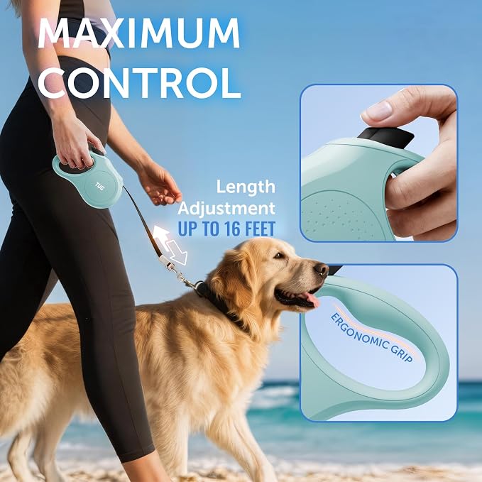TUG Quest Retractable Dog Leash | 360° Tangle-Free | 16 ft Tape (L, Green)
