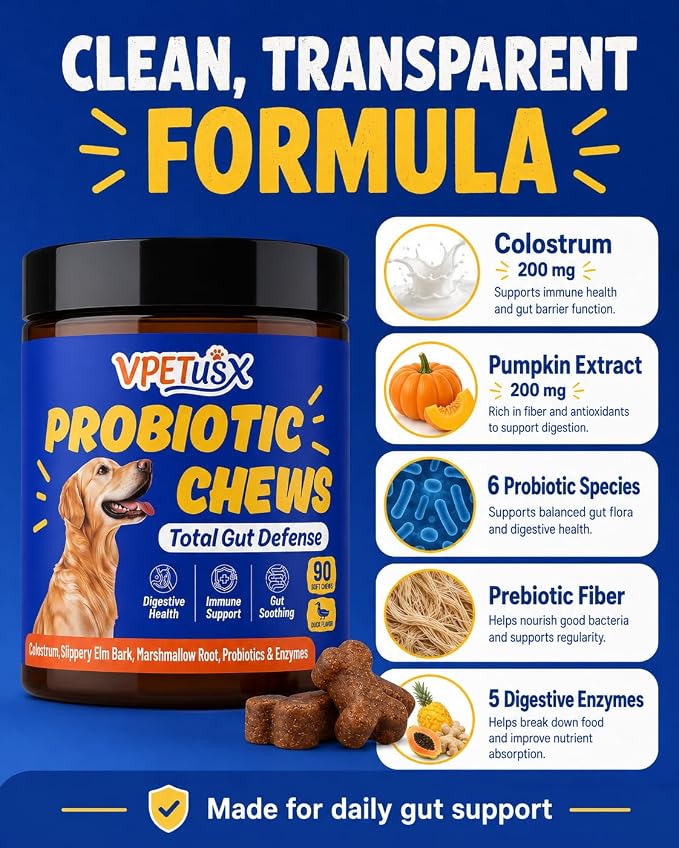 Advanced Dog Gut & Immune Support - Probiotics for Dogs Upset Stomach & Gas Relief with Pumpkin, Slippery Elm,Colostrum & Digestive Enzymes, (Duck Flavor 90 ct)