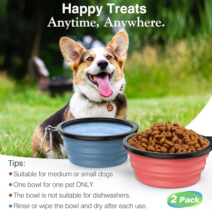 Pawaboo Collapsible Dog Bowls, 2 Pack, 1000ml, Light Pink + Blue