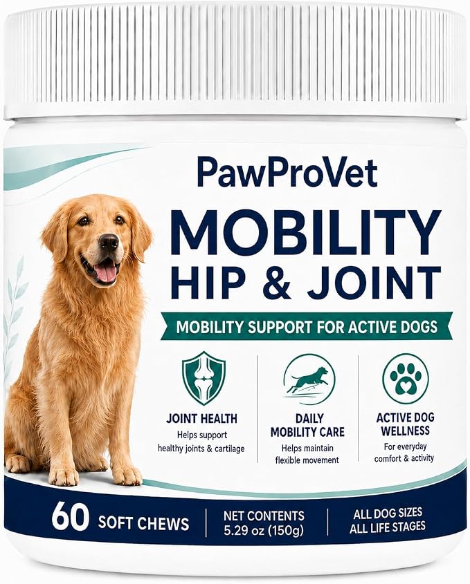 Pawprovet Mobility Hip and Joint, Soft Chews for Dogs with Glucosamine, MSM, Chondroitin, Boswellia and Green-Lipped Mussel, Daily Dog Supplement, 60 Count