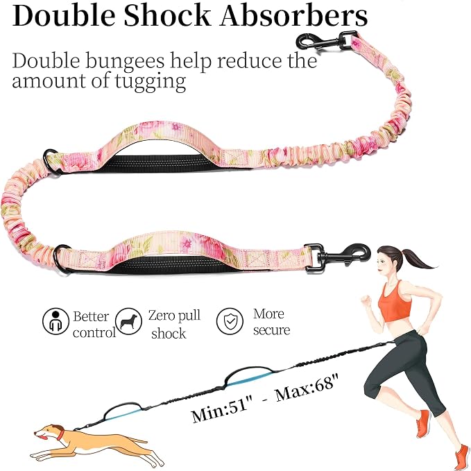 iYoShop Hands Free Dog Leash with Zipper Pouch, Pink Sakura, Large | Waist Leash, Dual Padded Handles, Shock-Absorbing Bungee, Adjustable Waist Belt, Walking and Running