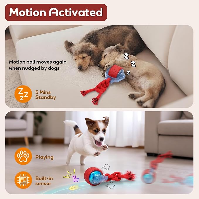 Dog Toys Interactive Rolling Ball with Rope, Motion-Activated | Squeaker dog ball Zig-Zag moving and rolling rechargeable dog ball release pressure dog exercise perfect for small puppies