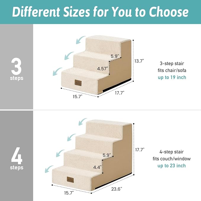 COZY KISS Dog Stairs for Small Dogs, 3 Step Pet Stairs for Beds & Couches | 13.5" H Non-Slip Dog Steps for Bed, Ideal for Puppies, Senior Cats, and Small to Medium Dogs, 15.7x17.7x13.5 in, Beige