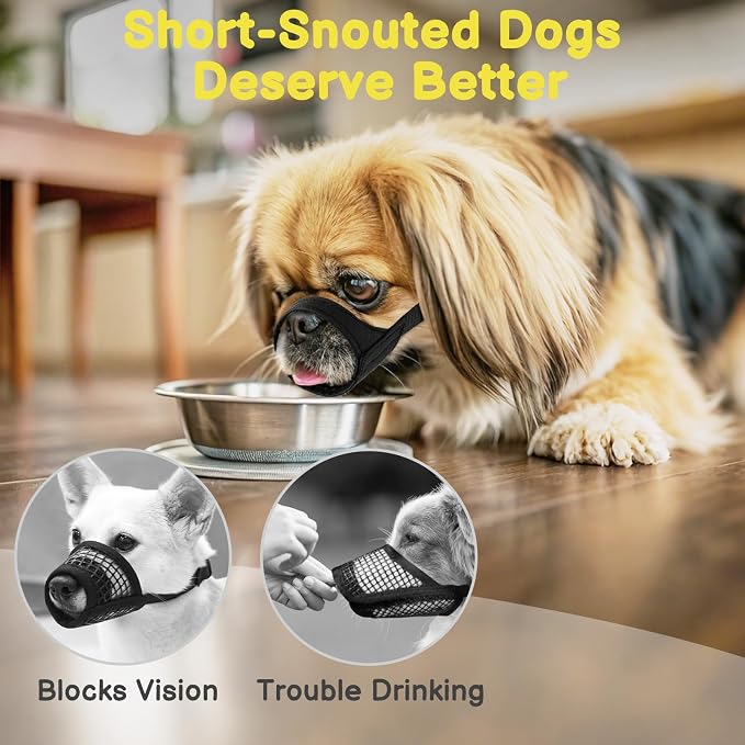 Fabric Short Snout Dog Muzzle for Small Dogs Anti Fierce Biting | Fits Chihuahua Shih Tzu Pomeranian Yorkshire Brachycephalic Dogs, Grooming Vet Visits Use, Allow to Drink, Soft | Black, XXS