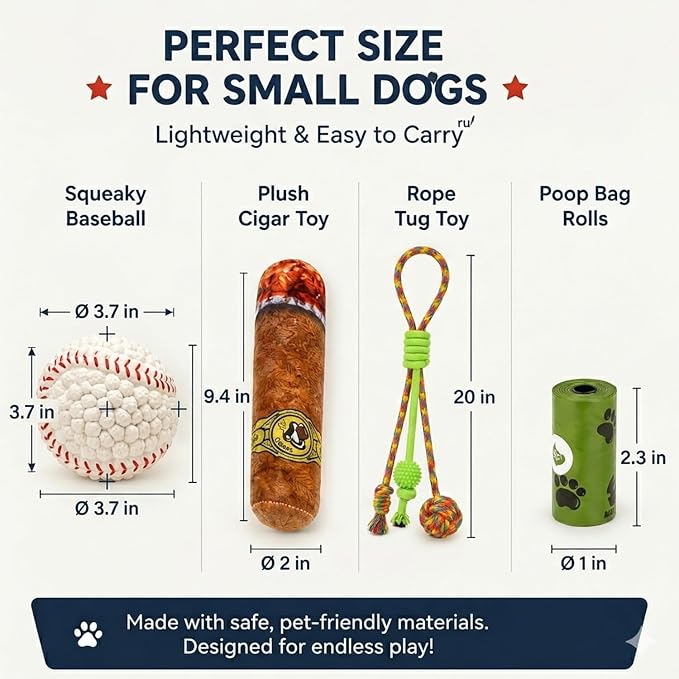 Dog Toys for Small Dogs, 5 Pack Puppy Toys with Squeaky Baseball Toy, Plush Cigar Toy, Rope Tug Toy & Poop Bag Rolls, Interactive Puppy Chew Toys for Teething Puppies, Small Breed Dogs(White)