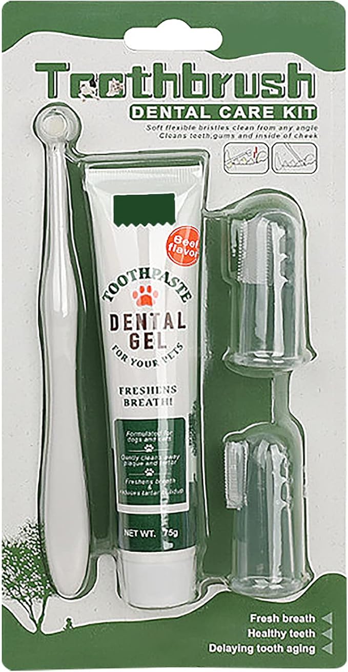 Pet Dog Tooth Brushing Kit - Dog Finger Toothbrush, 360° Toothbrush & Beef Flavor Toothpaste for Dogs Puppy Cats Teeth Oral Cleaning, Fresh Breath, Reduces Plaque & Tartar Buildup Dental Care Kit