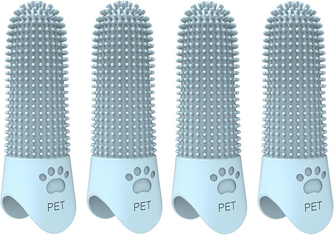 Silicone Finger Toothbrush for Dogs & Cats - 360° Oral Care, Breath Freshening, Tartar & Stain Removal, Food-Grade Soft, Long Design, Reusable, for S/M/L Pets (Light Blue 4-Pack)