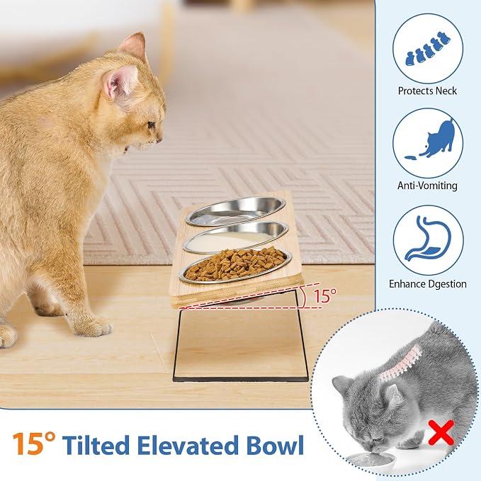 Hannadepot Elevated Cat Bowls, 15° Tilted Raised Cat Food and Water Bowl, Anti-Vomit & Whisker-Friendly Design, 3 Stainless Steel Bowls for Cats and Small Dogs