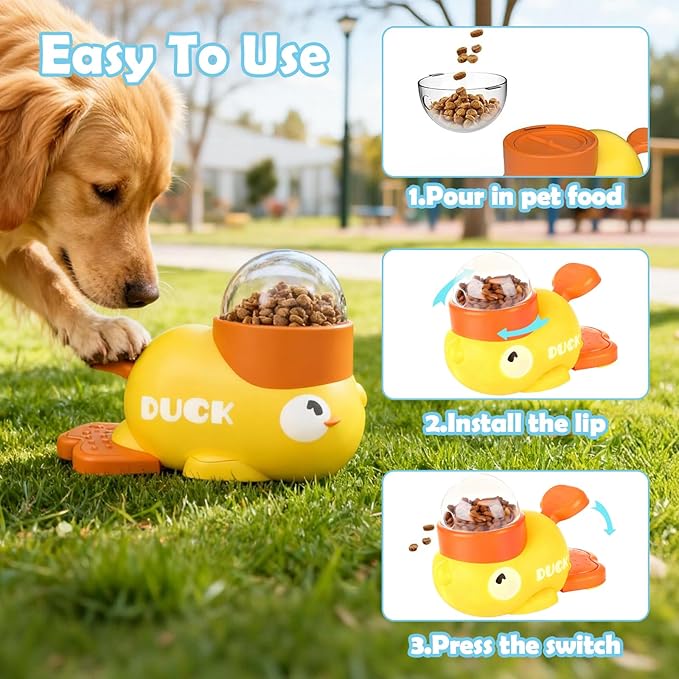 2 in 1 Dog Interactive Treat Dispenser Toy - Durable Food Puzzle Slow Feeder, Duck Shape Enrichment Toys with Button, Mentally Stimulating Toys for Dogs/Cats/Pets