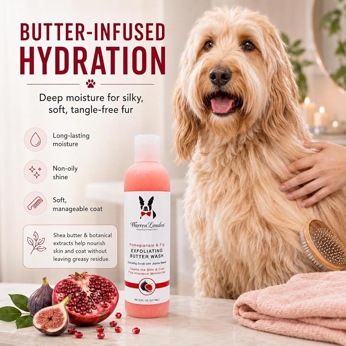 Warren London Exfoliating Butter Wash Dog Shampoo – Pomegranate & Fig, 1 Gallon Groomer Size | Cleansing, Conditioning & Exfoliating Shampoo with Jojoba Beads for Dry Skin, Odor & Shine | Made in USA