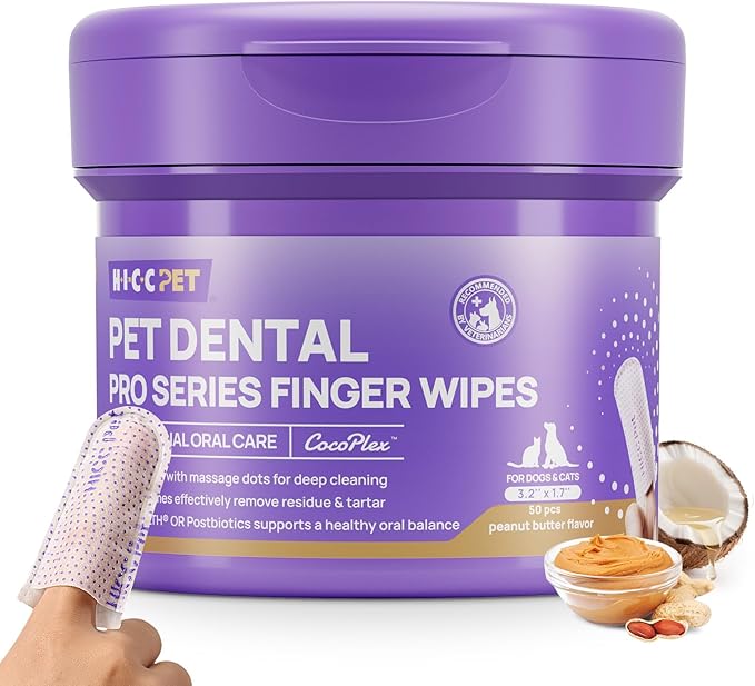 HICC PET Pro Dog Teeth Cleaning Wipes, Vet-Recommended Finger Toothbrush for Dogs & Cats, No-Rinse Dental Care Wipes, Gentle Cleansing & Gum Care, Tooth Brushing Kit Support, 50 Count, Peanut
