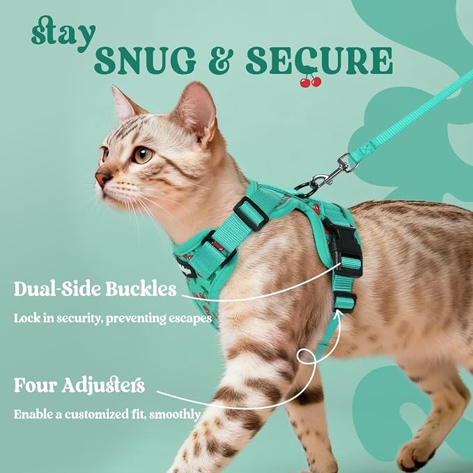 rabbitgoo Cat Harness and Leash Set, Escape Proof Vest, Cherry Grove | Soft Breathable Mesh, Easy Adjustable Fit, Snap Buckles, Sturdy Clip, Reflective Strips, for Medium to Large Cats Walks, M
