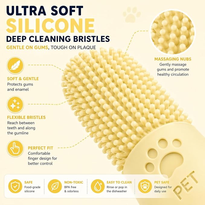 Dog Toothbrush Finger Silicone | Pet Dental Cleaning Brush for Dogs & Cats | Soft Bristles Oral Care | Finger Toothbrush for Pets (Yellow)
