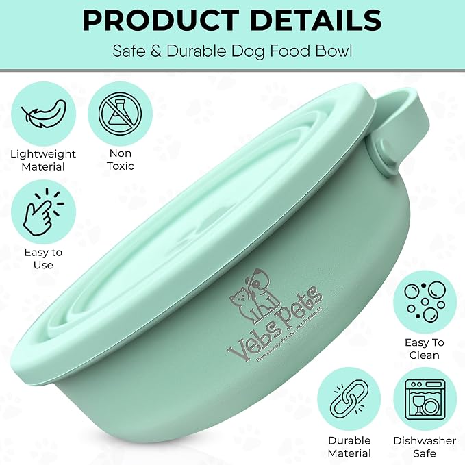 Vebs Pets Stainless Steel Dog Bowl with Collapsible Lid, Jade