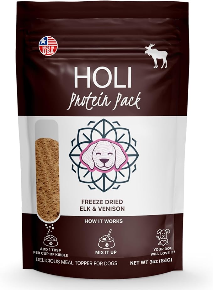 HOLI Freeze Dried Elk and Venison Dog Food Topper - 96% Meat, Wild Caught Free Range - Freeze Dried Dog Food Flavor Enhancer for Picky Dogs – 100% All Natural - 6oz