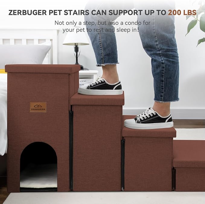 Zerbuger Dog Stairs with Condo 23" H, 4-Step Wider Dog Steps for High Beds Window, Folding Storage Pet Stairs Gift for Small/Medium/Large Old Dogs Cats, Ramp for Climbing Car Hold Up to 200 lbs, Brown