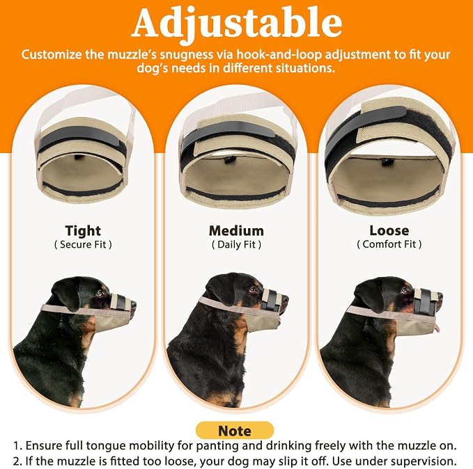 Adjustable Dog Muzzle, Fabric Medium Large Dog Muzzle Anti Biting | Soft & Sturdy, Prevents Fierce Barking Chewing, Grooming Walking Vet Visits Nail Care Use, Allows to Pant & Drink | Khaki, M