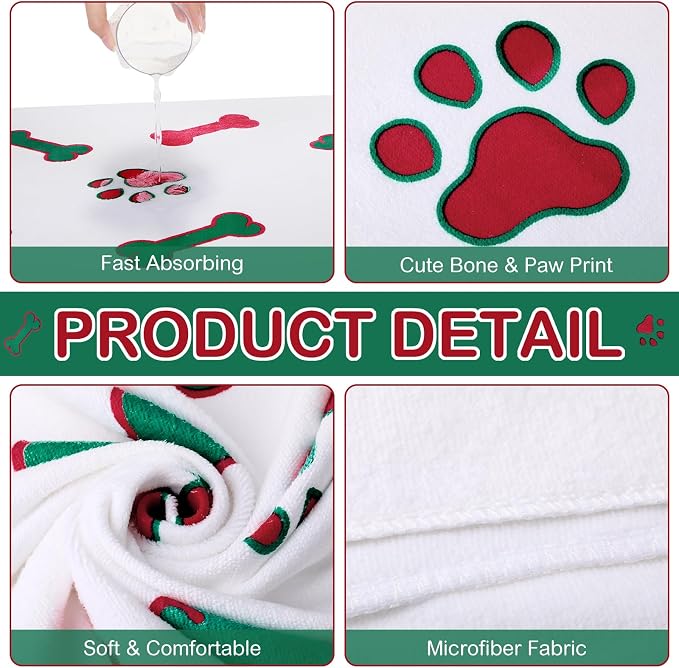 Chumia 8 Pcs Dog Towels for Drying Dogs Cats Pet Towels Bulk Puppy Microfiber Fast Drying Paw Bath Bathing Supplies Absorbent for Medium Pets(40 x 24 Inch,Dog Paw and Bone,Red Green)