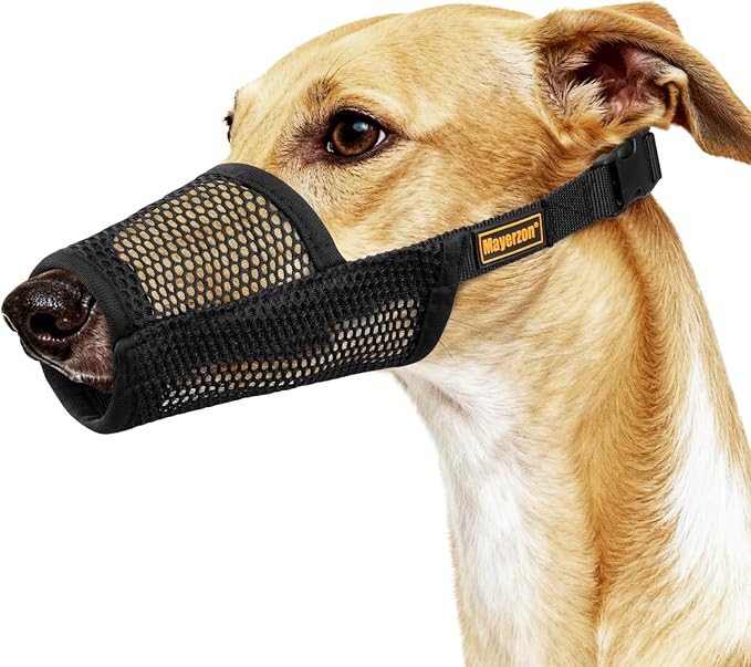 Soft Mesh Muzzle for Greyhound Whippet Long Narrow-Snouted Dogs | Prevent Excessive Biting Chewing Eating, Grooming Nail Trimming Walking Vet Visits Use, Allowing Drinking, Breathable | M