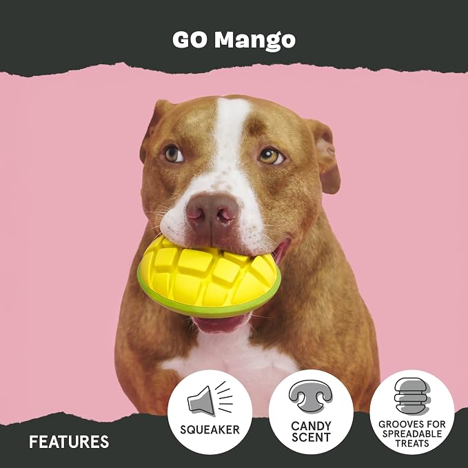 BarkBox Go Mango Tough Squeaky Rubber Dog Toy - Large | Candy-Scented, Durable Design for Long-Lasting, Squeaky Fun - Breeds