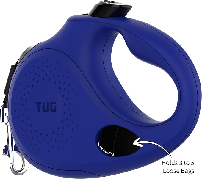 TUG Oval 360° Tangle-Free Retractable Dog Leash with Integrated Waste Bag Dispenser (Large, Blue)