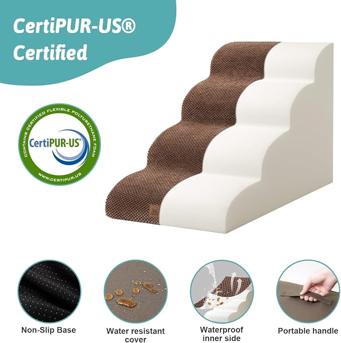 COZY KISS Dog Stairs for Small Dogs 19.7" H, Curved Dog Step for Puppy, Older or Cat, Medium Pet Ramp for Sofa, Couch or Bed, Ladder with High Density Foam, 4 Step, 15.7x28.3x19.7 inch, Brown