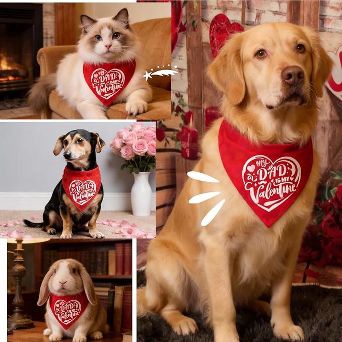 My Dad is My Valentine Dog Bandanas for Valentine's Day 2-in-1 Reversible Cute Lettering, Medium, Small, Red