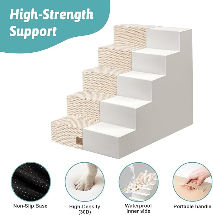 COZY KISS Dog Stairs for Small Dogs, 5 Step Pet Stairs for Beds & Couches | 23.6" H Wider Non-Slip Dog Steps for Bed, Ideal for Puppies, Senior Cats, and Small to Medium Dogs, 19.7x29.5x23.6 in, Beige