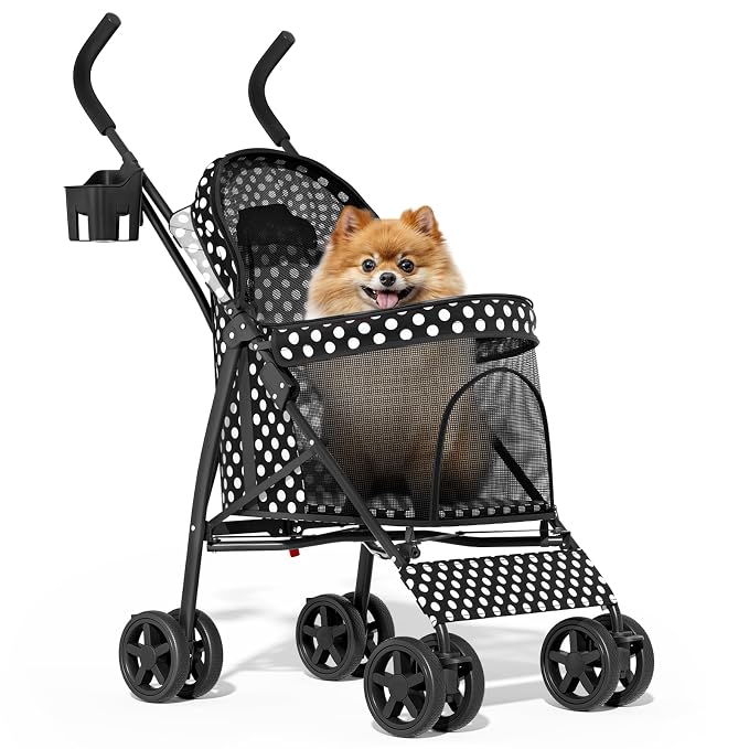 MoNiBloom 4-Wheel Foldable Pet Stroller - Black Polka Dots