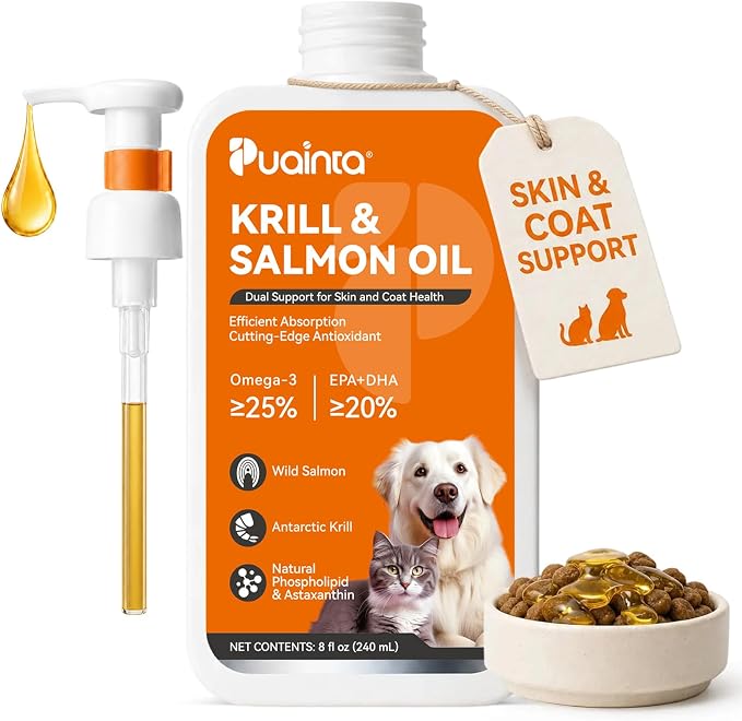 PUAINTA Omega 3 Fish Oil for Dogs & Cats, Salmon & Krill Oil with EPA DHA