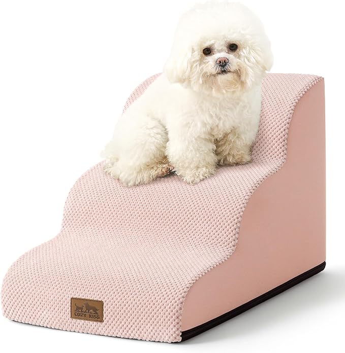 COZY KISS Dog Stairs for Small Dogs 15.7" H, Curved Dog Step for Puppy, Older Cat, Medium Pet Ramp for Sofa, Couch or Chair, Ladder with High Density Foam, 3 Step, 15.7x22.4x15.7 inch, Pink