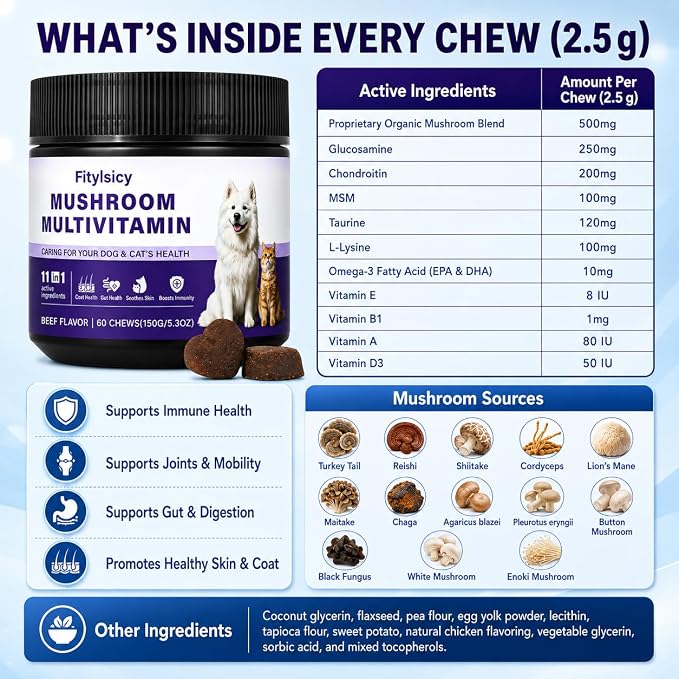 Mushroom Supplement for Dogs & Cats, 11-in-1 Pet Multivitamin Soft Chews, 13 Organic Mushrooms with Glucosamine, Chondroitin, MSM & Omega-3, Immune, Gut, Joint, Skin & Coat Support, Beef, 60 Count