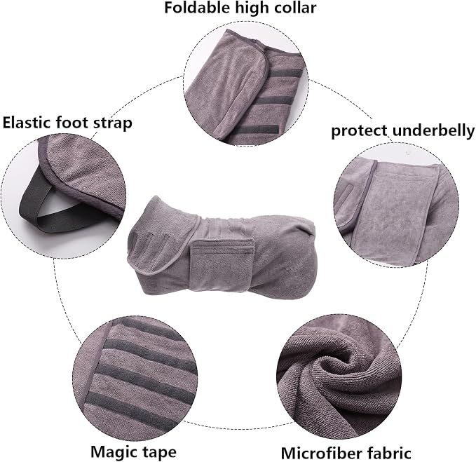 Geyecete Dog Drying Coat - Fast Dry Dog Bathrobe Towel - Super Absorbent Microfibre Pet Cat Bath Robe, Luxuriously Soft-Gray-XXL
