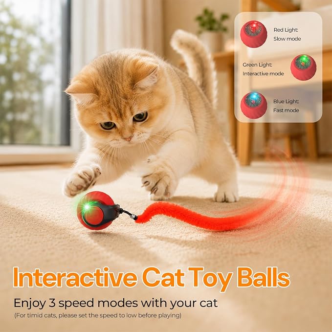 Interactive Cat Toys with Bird Sounds & 3 Speed Modes for Indoor Cats Play | Bird Sounds, 3 Speed Modes, Rechargeable Automatic Rolling, 3 Tails, Fast Charging Ball, For Indoor Cats on Hard Floor Carpet