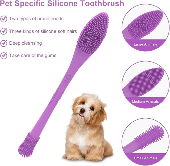 2 Piece Dog Toothbrush with Dual Head,Silicone Long Handle Toothbrush for Dogs Cats,Puppy Pet Tooth Brush (Purple)