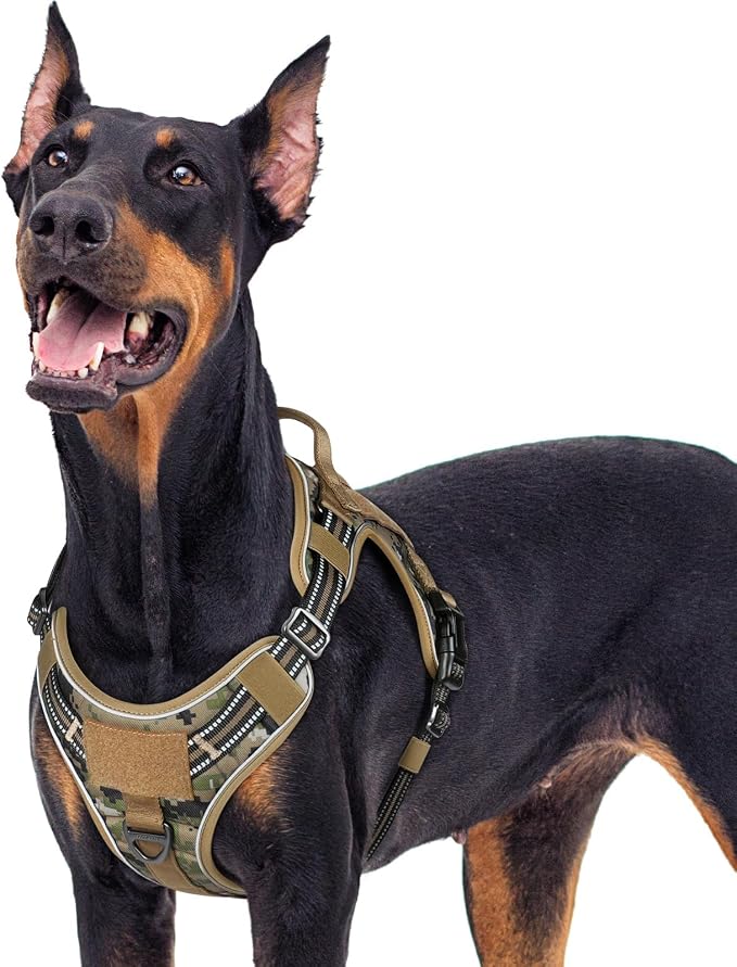 rabbitgoo Tactical Dog Harness for Large Dogs, No Pull Service Pet Vest | Military Molle System & Easy Control Handle, Adjustable and Reflective for Walking and Training, Brown Camo, X-Large