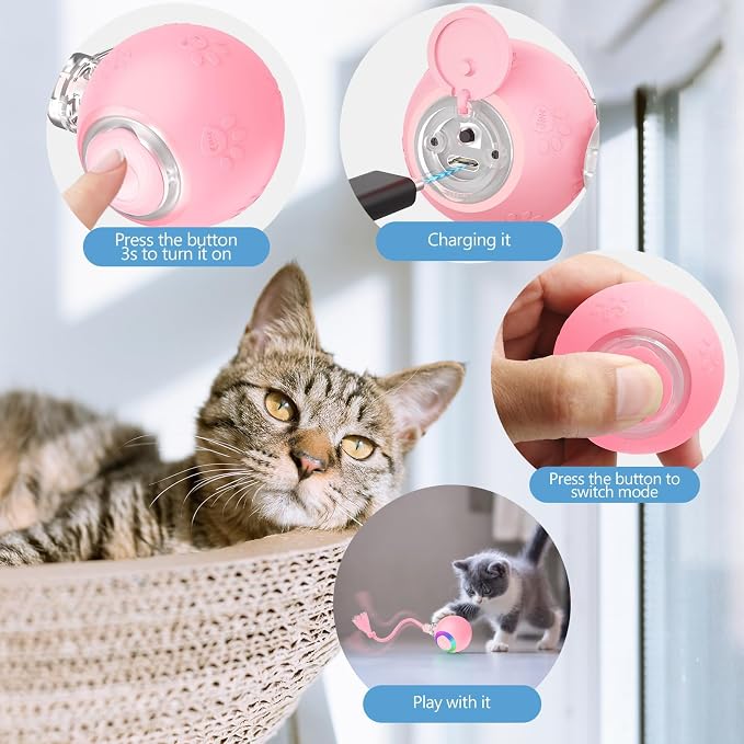 Pink Interactive Cat Toy,Automatic Moving Cat Toys for Bored Indoor Adult Cats,Fast Rolling,Chirping & Motion-Activated Kitty Toys,Fun Gift for Cats with Speedy 2.0 Tail,USB Rechargeable