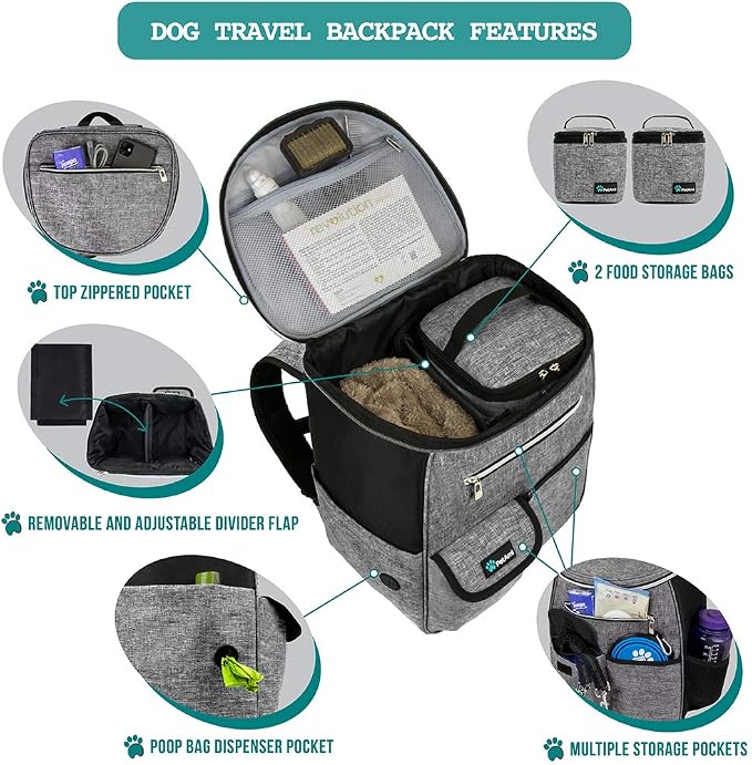 PetAmi Dog Travel Bag Backpack, Airline Approved, with Food Container & Bowls, Gray