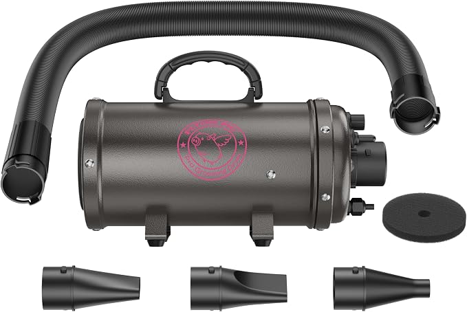 Flying Pig Turbo Dog Grooming Dryer with ForceFlow Drying Power, Variable Speed and Heat Control (Dark Grey w/Pink Logo)