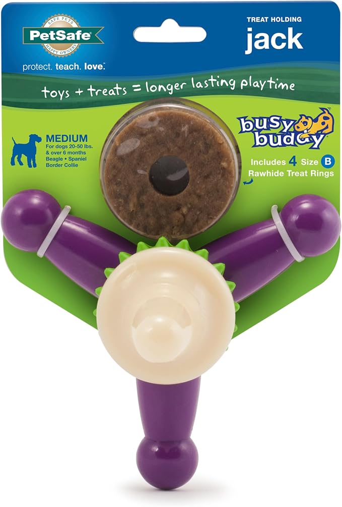 PetSafe Busy Buddy Jack - Treat Holding Dog Chew Toys - Helps Clean Teeth - Vanilla Scented Rubber for Strong Chewers - Treat Refills Included - Interactive Dog Toy Keeps Dogs Busy - Purple, Medium | Vanilla Scented Textured Rubber for Strong Chewers, ...