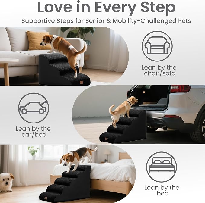GoGoBunny Ramp Dog Stairs for High Beds 22.6" H, 5-Step Dog Slope Stairs with Durable Waterproof Fabric Cover, Pet Steps for Old Large Dogs Climbing, Non-Slip Sturdy Indoor Step, Black
