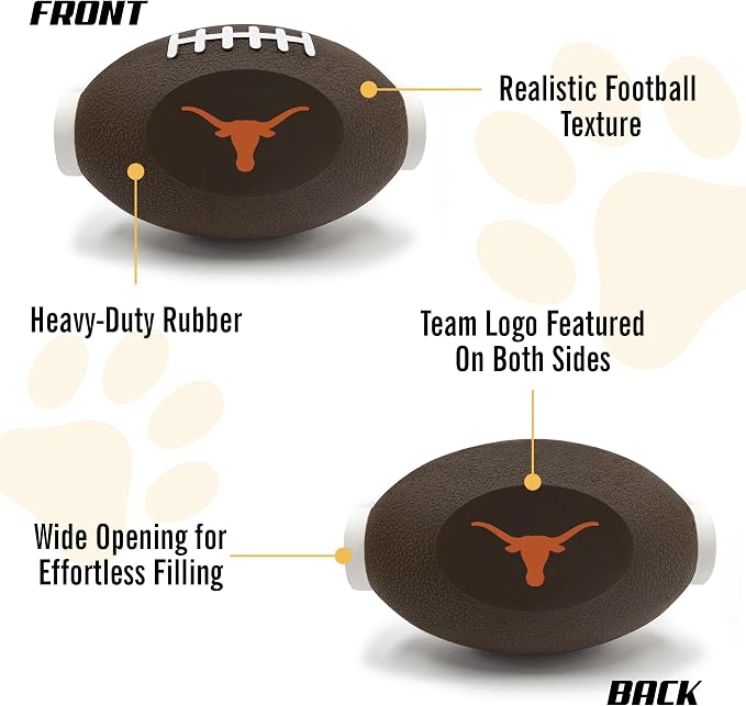 Pets First NCAA Texas Longhorns Football Treat Dispensing Toy for Dogs and Cats, Rubber Ball Pet Toy, Interactive Fun Doggie Treat Toy, Natural Rubber Feeding Toy (TX-3622)