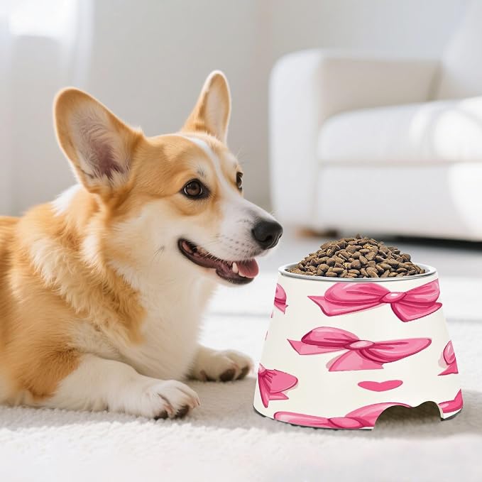 YETTASBIN Bow Pink Elevated Dog Bowls, Prevention of Vertebrae Disease Raised Dog & Cat Bowl Stand with Removable Stainless Steel Bowls, Non-Slip Spill-Proof Pet Food & Water Bowl Dish