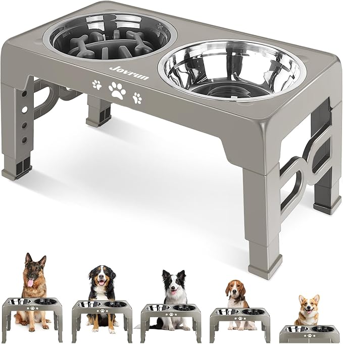 Jovrun Elevated Dog Bowls for Small Medium Large Size Dogs, Non-Slip Dog Feeder with 2 Food Water Bowls, 2-5 Heights Adjustable Raised Bowls Stand