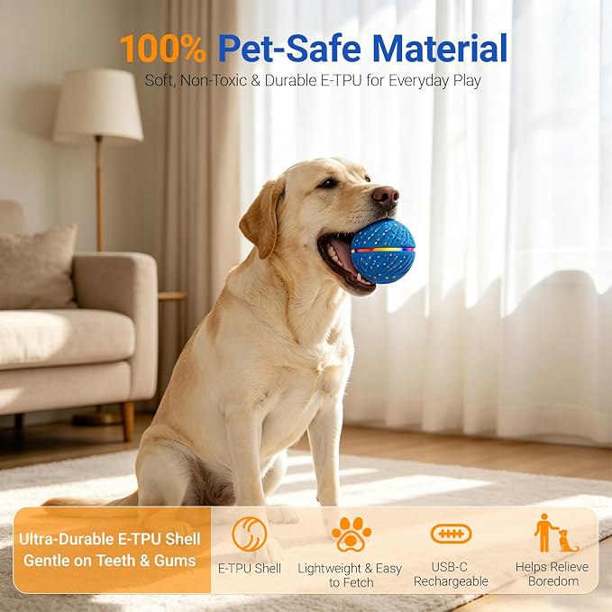 Interactive Dog Ball Toy, Automatic Rolling & Bouncing, LED Lights, Blue | 2.8-Inch Ball, Small & Medium Dogs, 2-in-1 Fetch Toy, Home Alone Play, Reduces Boredom, USB-C Rechargeable, Up to 3 Hours