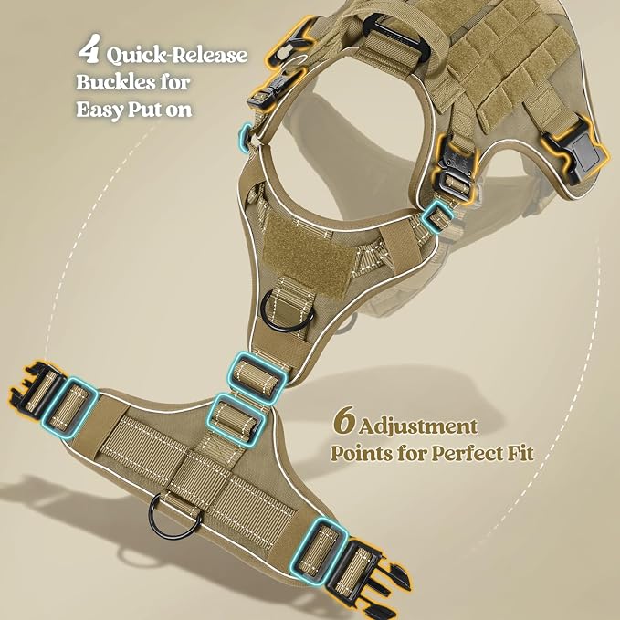 rabbitgoo Tactical Dog Harness for Small, Heavy Duty Military No Pull Vest | Sturdy Metal Buckles, 5 Adjustments, Molle System, Powerful Pullers for Training, Hunting, Outdoor, Brown Reflex, Small